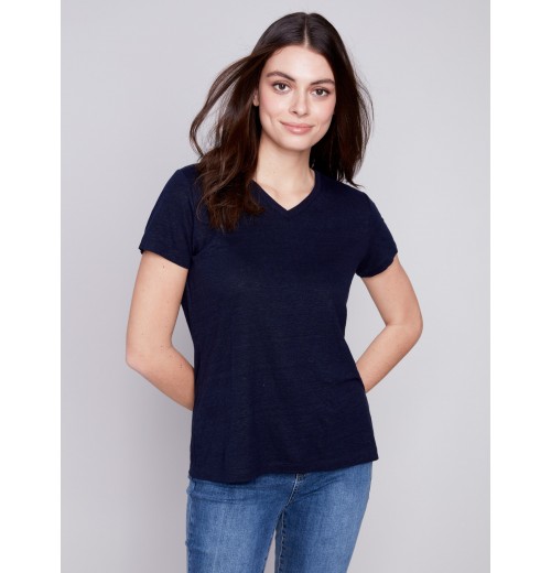 V-Neck Linen T-Shirt - Navy V-Neck Linen T-Shirt - Navy
