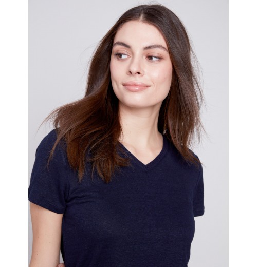 V-Neck Linen T-Shirt - Navy V-Neck Linen T-Shirt - Navy