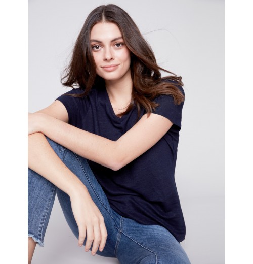 V-Neck Linen T-Shirt - Navy V-Neck Linen T-Shirt - Navy