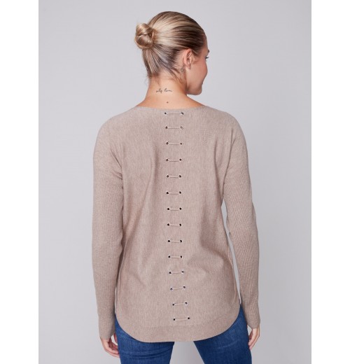 Knit Sweater with Back Lace-up Detail - Truffle Knit Sweater with Back Lace-up Detail - Truffle