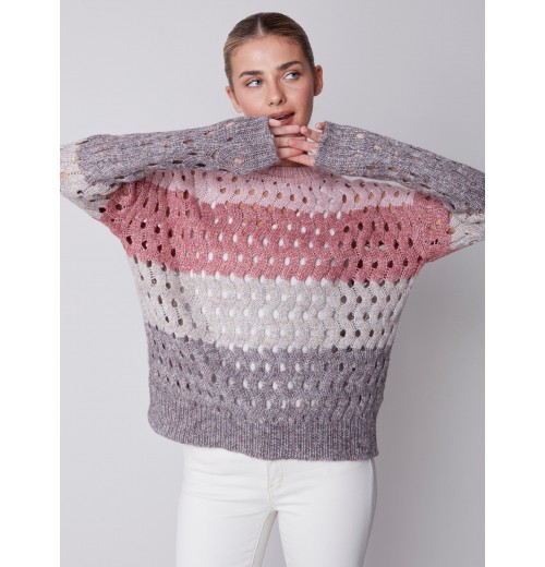 Striped Net Stitch Sweater - Port Striped Net Stitch Sweater - Port
