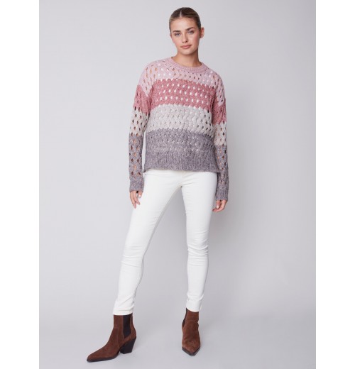 Striped Net Stitch Sweater - Port Striped Net Stitch Sweater - Port
