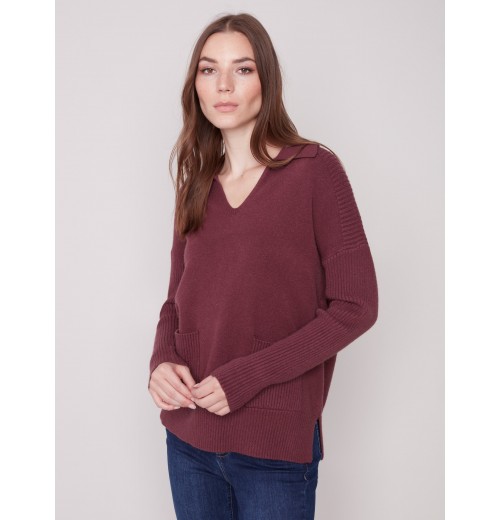 Johnny Collar Sweater - Port Johnny Collar Sweater - Port