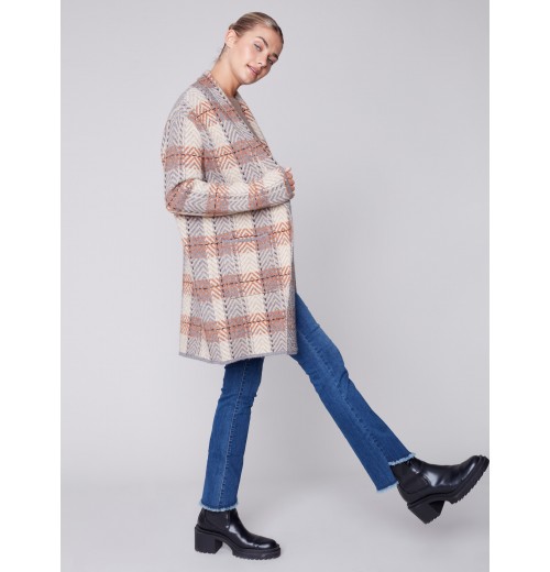 Long Plaid Cardigan with Shawl Collar - Truffle Long Plaid Cardigan with Shawl Collar - Truffle