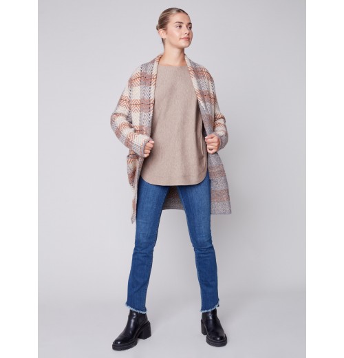 Long Plaid Cardigan with Shawl Collar - Truffle Long Plaid Cardigan with Shawl Collar - Truffle