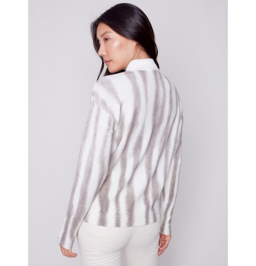 Printed Mock Neck Sweater with Zipper Detail - Ecru Printed Mock Neck Sweater with Zipper Detail - Ecru