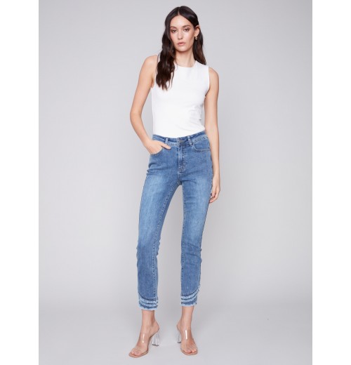Frayed Hem Denim Pants - Medium Blue Frayed Hem Denim Pants - Medium Blue