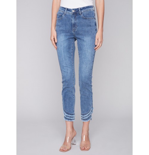 Frayed Hem Denim Pants - Medium Blue Frayed Hem Denim Pants - Medium Blue