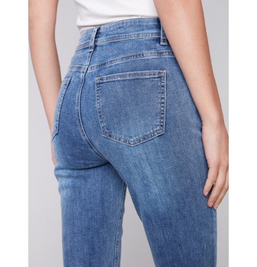 Frayed Hem Denim Pants - Medium Blue Frayed Hem Denim Pants - Medium Blue