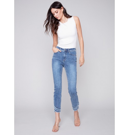 Frayed Hem Denim Pants - Medium Blue Frayed Hem Denim Pants - Medium Blue