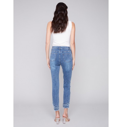 Frayed Hem Denim Pants - Medium Blue Frayed Hem Denim Pants - Medium Blue