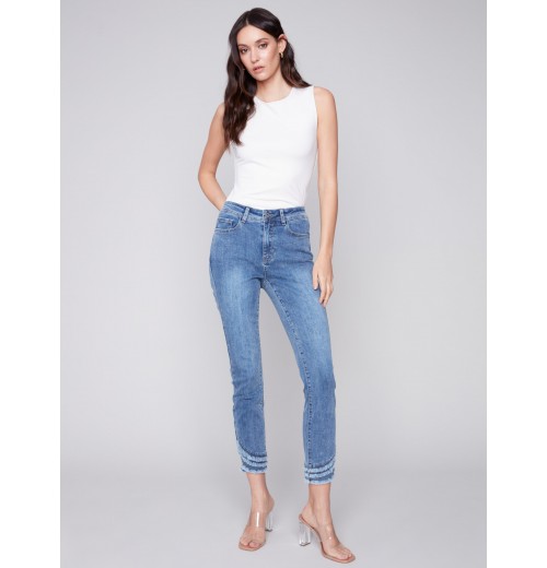 Frayed Hem Denim Pants - Medium Blue Frayed Hem Denim Pants - Medium Blue