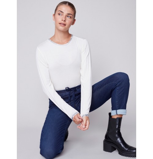 Long-Sleeved Top with Foil Print Detail - Cream Long-Sleeved Top with Foil Print Detail - Cream