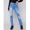 Straight Leg Jeans with Trompe L'Oeil Patch Detail - Medium Blue Straight Leg Jeans with Trompe L'Oeil Patch Detail - Medium Blue