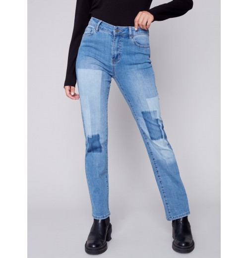 Straight Leg Jeans with Trompe L'Oeil Patch Detail - Medium Blue Straight Leg Jeans with Trompe L'Oeil Patch Detail - Medium Blue