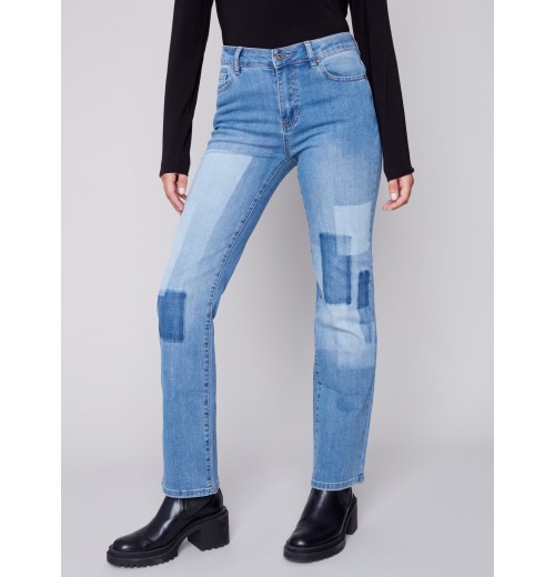 Straight Leg Jeans with Trompe L'Oeil Patch Detail - Medium Blue Straight Leg Jeans with Trompe L'Oeil Patch Detail - Medium Blue