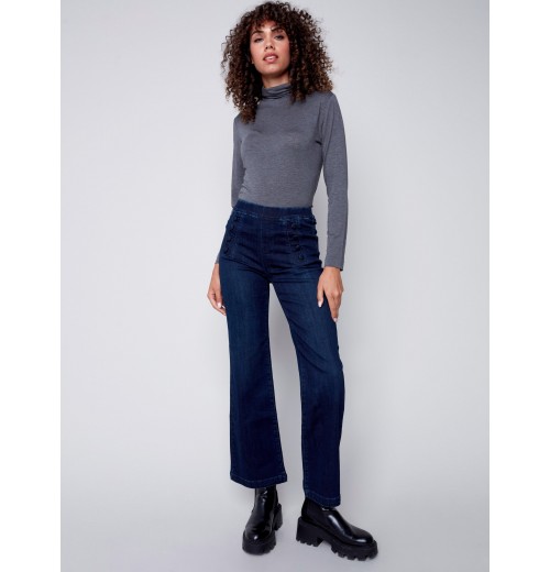 Flare Pull-on Jeans with Decorative Buttons - Blue Black Flare Pull-on Jeans with Decorative Buttons - Blue Black