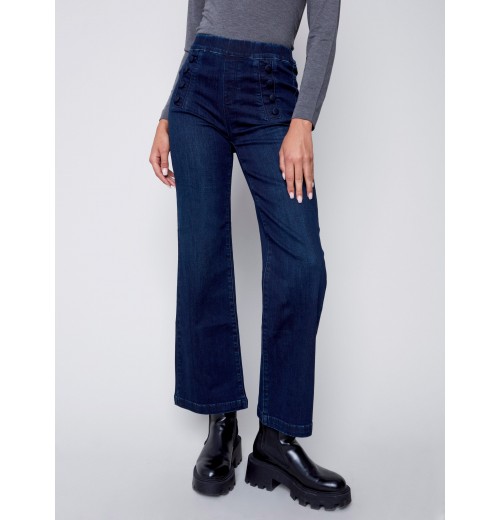 Flare Pull-on Jeans with Decorative Buttons - Blue Black Flare Pull-on Jeans with Decorative Buttons - Blue Black