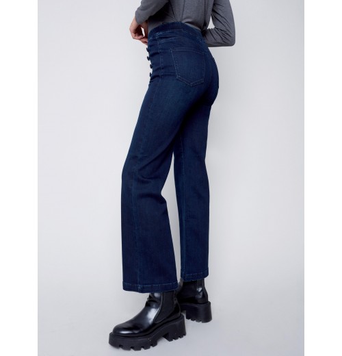 Flare Pull-on Jeans with Decorative Buttons - Blue Black Flare Pull-on Jeans with Decorative Buttons - Blue Black