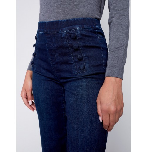 Flare Pull-on Jeans with Decorative Buttons - Blue Black Flare Pull-on Jeans with Decorative Buttons - Blue Black