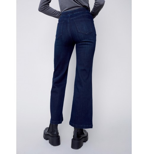 Flare Pull-on Jeans with Decorative Buttons - Blue Black Flare Pull-on Jeans with Decorative Buttons - Blue Black