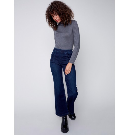 Flare Pull-on Jeans with Decorative Buttons - Blue Black Flare Pull-on Jeans with Decorative Buttons - Blue Black