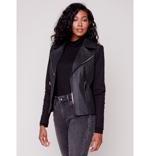 Vintage Faux Leather and Rib Knit Perfecto Jacket - Black Vintage Faux Leather and Rib Knit Perfecto Jacket - Black