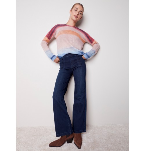 Flare Pull-on Jeans with Decorative Buttons - Blue Black Flare Pull-on Jeans with Decorative Buttons - Blue Black