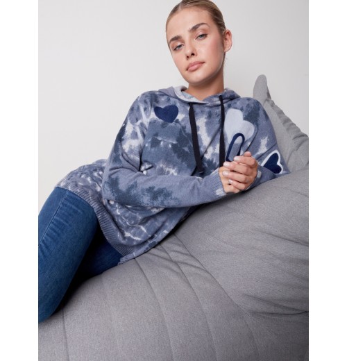 Hooded Sweater with Graffiti Print - Denim Hooded Sweater with Graffiti Print - Denim