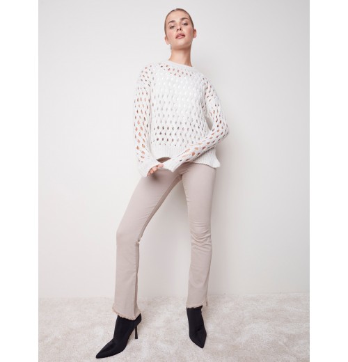 Bootcut Twill Pants with Asymmetrical Fringed Hem - Almond Bootcut Twill Pants with Asymmetrical Fringed Hem - Almond