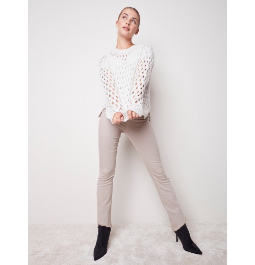 Bootcut Twill Pants with Asymmetrical Fringed Hem - Almond Bootcut Twill Pants with Asymmetrical Fringed Hem - Almond