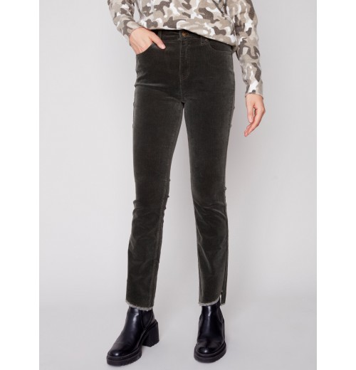 Bootcut Corduroy Pants with Asymmetrical Fringed Hem - Spruce Bootcut Corduroy Pants with Asymmetrical Fringed Hem - Spruce