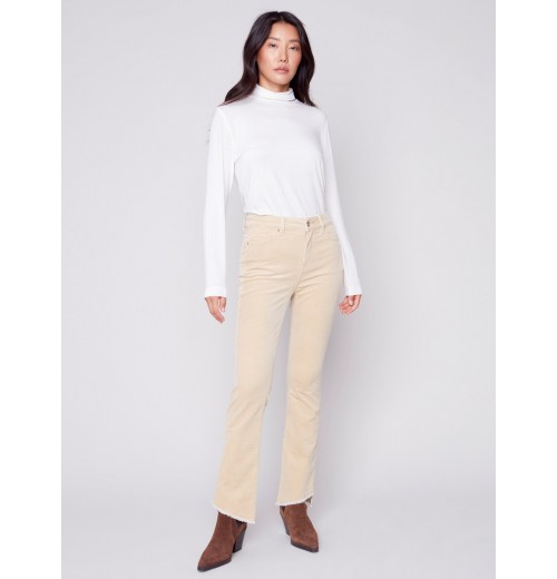 Bootcut Corduroy Pants with Asymmetrical Fringed Hem - Natural Bootcut Corduroy Pants with Asymmetrical Fringed Hem - Natural
