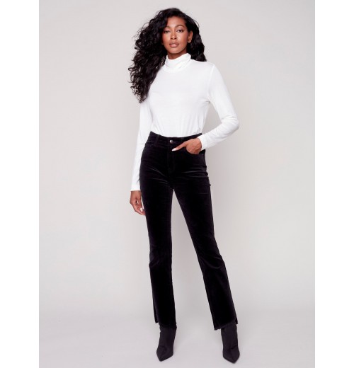 Bootcut Corduroy Pants with Asymmetrical Fringed Hem - Black Bootcut Corduroy Pants with Asymmetrical Fringed Hem - Black