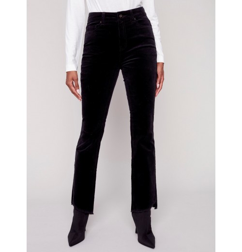 Bootcut Corduroy Pants with Asymmetrical Fringed Hem - Black Bootcut Corduroy Pants with Asymmetrical Fringed Hem - Black