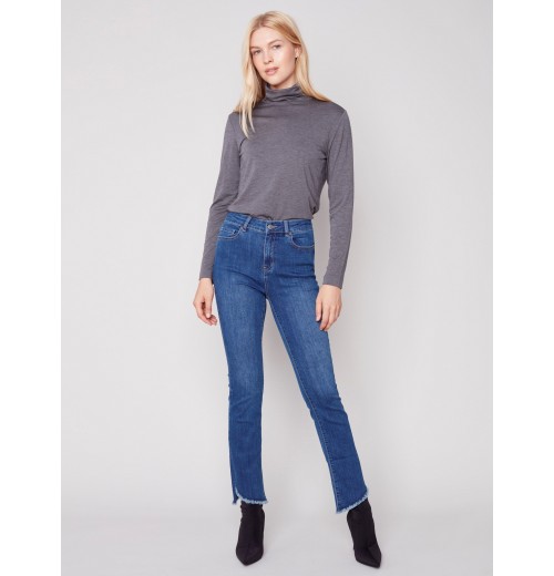 Bootcut Jeans with Asymmetrical Fringed Hem - Blue Jean Bootcut Jeans with Asymmetrical Fringed Hem - Blue Jean