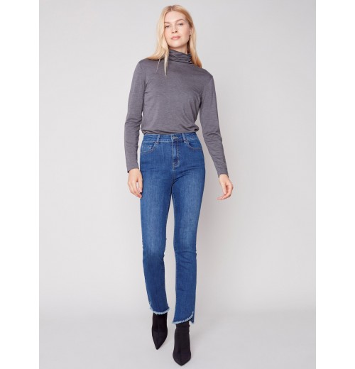 Bootcut Jeans with Asymmetrical Fringed Hem - Blue Jean Bootcut Jeans with Asymmetrical Fringed Hem - Blue Jean