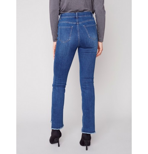 Bootcut Jeans with Asymmetrical Fringed Hem - Blue Jean Bootcut Jeans with Asymmetrical Fringed Hem - Blue Jean
