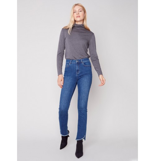 Bootcut Jeans with Asymmetrical Fringed Hem - Blue Jean Bootcut Jeans with Asymmetrical Fringed Hem - Blue Jean