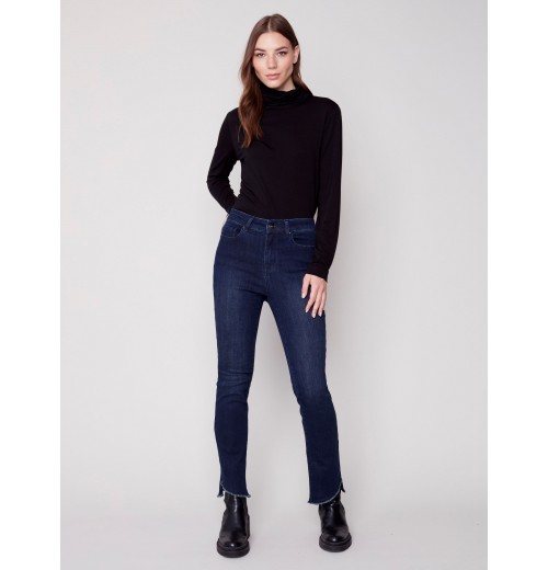 Bootcut Jeans with Asymmetrical Fringed Hem - Blue Black Bootcut Jeans with Asymmetrical Fringed Hem - Blue Black