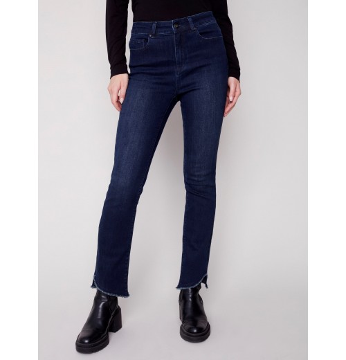 Bootcut Jeans with Asymmetrical Fringed Hem - Blue Black Bootcut Jeans with Asymmetrical Fringed Hem - Blue Black