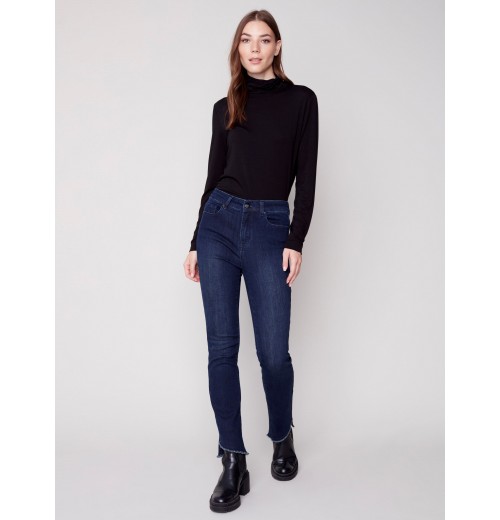 Bootcut Jeans with Asymmetrical Fringed Hem - Blue Black Bootcut Jeans with Asymmetrical Fringed Hem - Blue Black