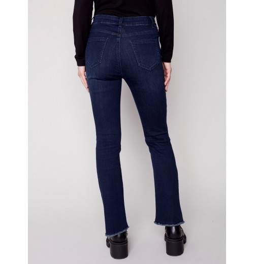 Bootcut Jeans with Asymmetrical Fringed Hem - Blue Black Bootcut Jeans with Asymmetrical Fringed Hem - Blue Black