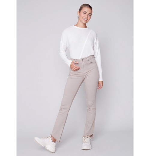Bootcut Twill Pants with Asymmetrical Fringed Hem - Almond Bootcut Twill Pants with Asymmetrical Fringed Hem - Almond