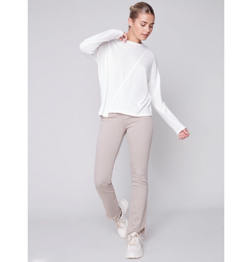 Bootcut Twill Pants with Asymmetrical Fringed Hem - Almond Bootcut Twill Pants with Asymmetrical Fringed Hem - Almond