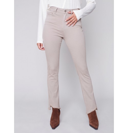 Bootcut Twill Pants with Asymmetrical Fringed Hem - Almond Bootcut Twill Pants with Asymmetrical Fringed Hem - Almond