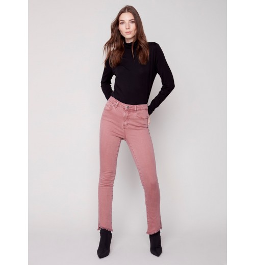Bootcut Twill Pants with Asymmetrical Fringed Hem - Raspberry Bootcut Twill Pants with Asymmetrical Fringed Hem - Raspberry