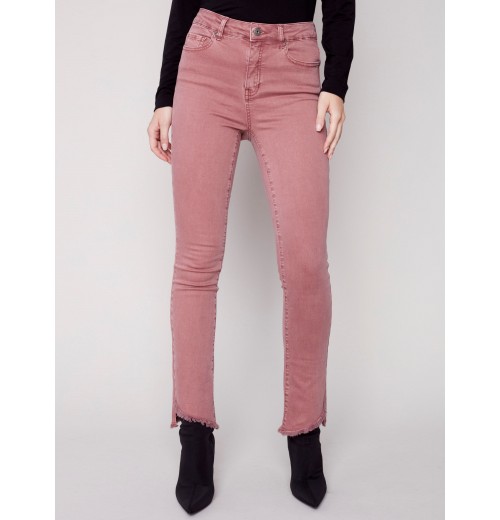Bootcut Twill Pants with Asymmetrical Fringed Hem - Raspberry Bootcut Twill Pants with Asymmetrical Fringed Hem - Raspberry
