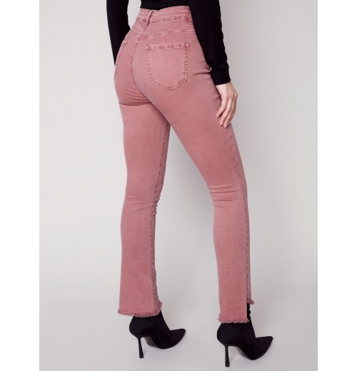 Bootcut Twill Pants with Asymmetrical Fringed Hem - Raspberry Bootcut Twill Pants with Asymmetrical Fringed Hem - Raspberry