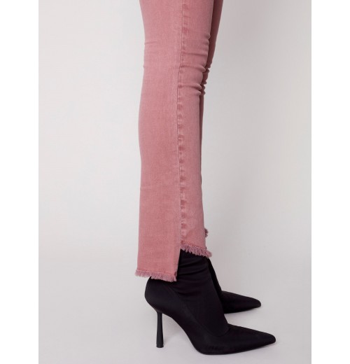 Bootcut Twill Pants with Asymmetrical Fringed Hem - Raspberry Bootcut Twill Pants with Asymmetrical Fringed Hem - Raspberry